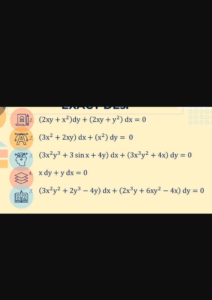 1.
(2xy + x²) dy + (2xy + y²) dx = 0
oooo
A
*A*3. (3x²y³ +3 sin x + 4y) dx + (3x³y² + 4x) dy = 0
x dy + y dx = 0
5. (3x²y² + 2y³ – 4y) dx + (2x³y + 6xy² − 4x) dy = 0
2. (3x² + 2xy) dx + (x²) dy = 0