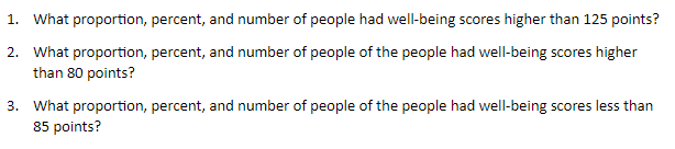 1. What proportion, percent, and number of people had well-being scores higher than 125 points?
2. What proportion, percent, and number of people of the people had well-being scores higher
than 80 points?
3. What proportion, percent, and number of people of the people had well-being scores less than
85 points?
