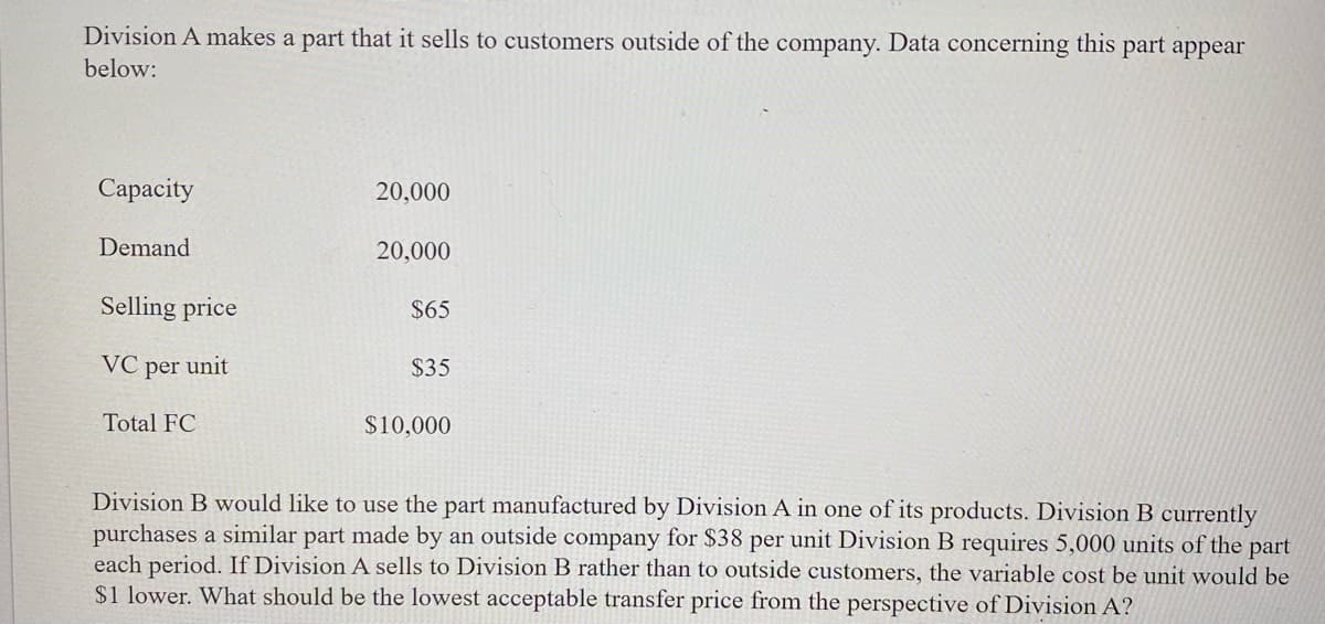 Division A makes a part that it sells to customers outside of the company. Data concerning this part appear
below:
Саpаcity
20,000
Demand
20,000
Selling price
$65
VC
per unit
$35
Total FC
$10,000
Division B would like to use the part manufactured by Division A in one of its products. Division B currently
purchases a similar part made by an outside company for $38 per unit Division B requires 5,000 units of the part
each period. If Division A sells to Division B rather than to outside customers, the variable cost be unit would be
$1 lower. What should be the lowest acceptable transfer price from the perspective of Division A?

