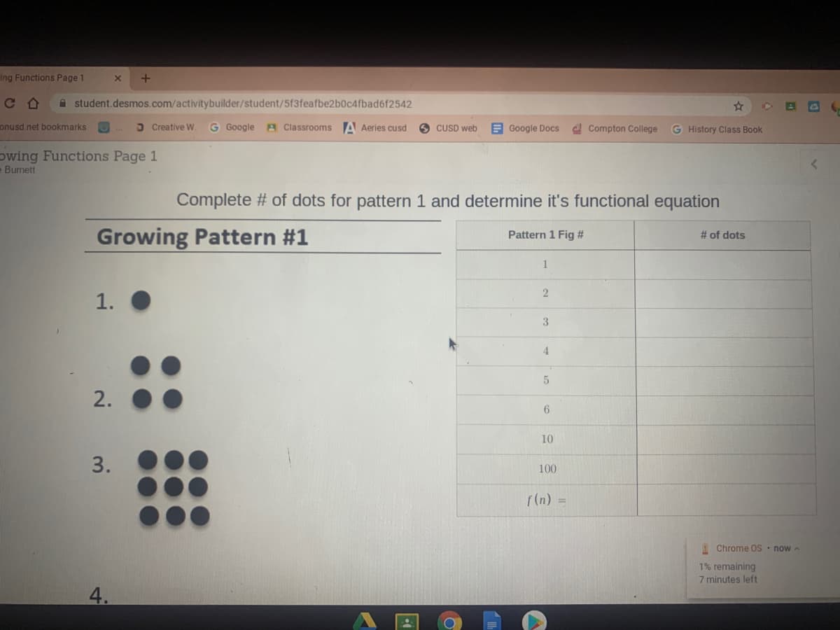 Complete # of dots for pattern 1 and determine it's functional equation
Growing Pattern #1
Pattern 1 Fig #
# of dots
1
1.
4.
2.
10
3.
100
f(n) =
