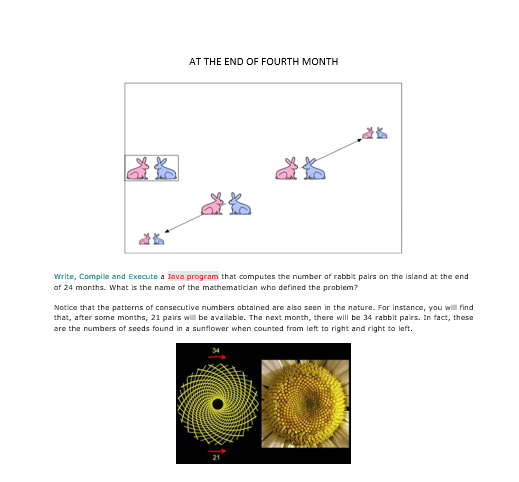 AT THE END OF FOURTH MONTH
Write, Compile and Execute a lava program that computes the number af rabbit pairs on the island at the end
of 24 months. What is the name of the mathematician who defined the prablem?
Notice that the patterns of consecutive numbers abtained are also seen in the nature. For instance, you wil find
that, after some months, 21 pairs will be avalable. The next month, there will be 34 rabbit pairs. In fact, these
are the numbers of seeds found in a sunflower when counted from left to right and right to left.
21
