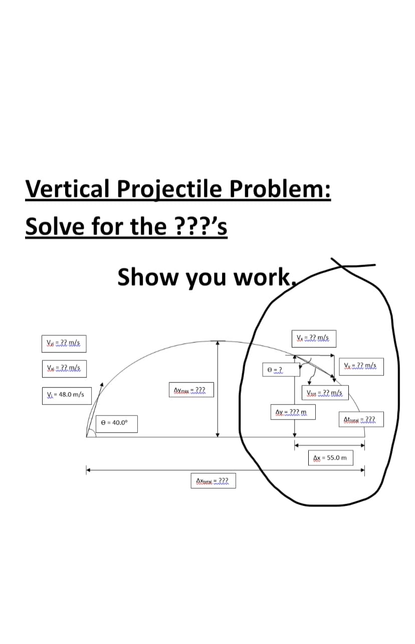 Vertical Projectile Problem:
Solve for the ???'s
Show you work,
V22 m/s
Aymax 2??
Y= 48.0 m/s
Ay = ?22 m
e = 40.0°
Atoral RRR
Ax = 55.0 m
Axtotal 22?
