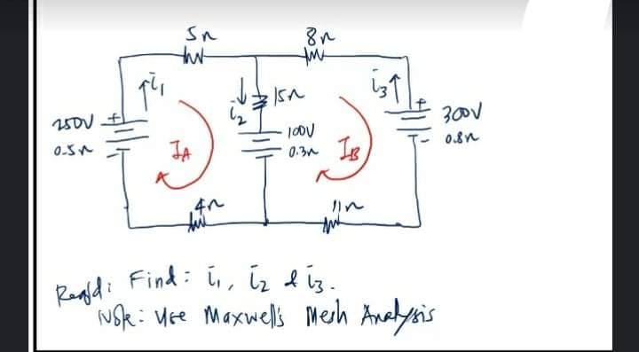 Ragldi Find: ī,, is & iz.
Sn
tht
300V
0.3n Ie
NSk: Mee Maxwels Mesh Analysis
