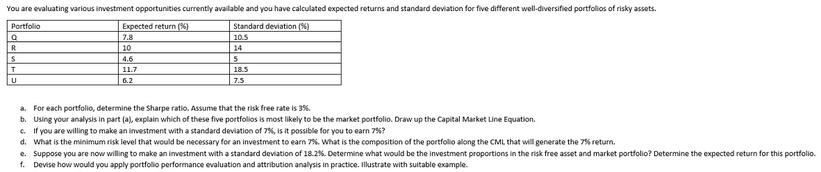 You are evaluating various investment opportunities currently available and you have calculated expected returns and standard deviation for five different well-diversified portfolios of risky assets.
Portfolio
Expected return (%)
Standard deviation (%)
Q
7.8
10.5
R
10
14
S
4.6
5
11.7
18.5
6.2
7.5
a. For each portfolio, determine the Sharpe ratio. Assume that the risk free rate is 3%.
b. Using your analysis in part (a), explain which of these five portfolios is most likely to be the market portfolio. Draw up the Capital Market Line Equation.
c. If you are willing to make an investment with a standard deviation of 7%, is it possible for you to earn 7%?
d. What is the minimum risk level that would be necessary for an investment to earn 7%. What is the composition of the portfolio along the CML that will generate the 7% return.
e. Suppose you are now willing t
f. Devise how would you apply portfolio performance evaluation and attribution analysis in practice. Illustrate with suitable example.
make an investment with a standard deviation of 18.2%. Determine what would be the investment proportions in the risk free asset and market portfolio? Determine the expected return for this portfolio.
