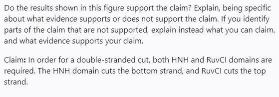 Do the results shown in this figure support the claim? Explain, being specific
about what evidence supports or does not support the claim. If you identify
parts of the claim that are not supported, explain instead what you can claim,
and what evidence supports your claim.
Claim: In order for a double-stranded cut, both HNH and RuvCl domains are
required. The HNH domain cuts the bottom strand, and RuvCl cuts the top
strand.
