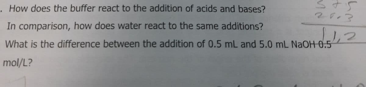 . How does the buffer react to the addition of acids and bases?
2013
25.
In comparison, how does water react to the same additions?
山つ
What is the difference between the addition of 0.5 mL and 5.0 mL NaOH-0.5
mol/L?
