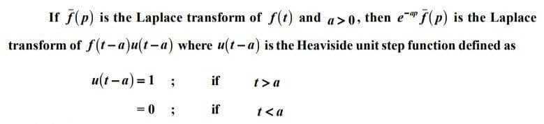 If f(p) is the Laplace transform of f(t) and a>0, then e" f(p) is the Laplace
transform of f(t-a)u(t-a) where u(t-a) is the Heaviside unit step function defined as
u(t-a)=1 ;
if
t>a
= 0 ; if
t<a
