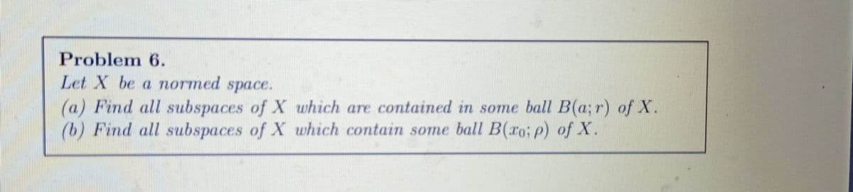 Problem 6.
Let X be a normed space.
(a) Find all subspaces of X which are contained in some ball B(a; r) of X.
(b) Find all subspaces of X which contain some ball B(ro; P) of X.
