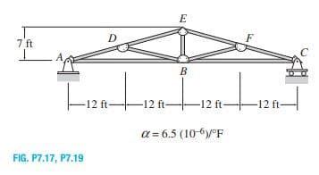 E
D
7 ft
В
-12 ft-
-12 ft--12 ft-
-12 ft-
a = 6.5 (10-6y°F
FIG. P7.17, P7.19
