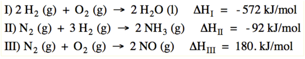 2 H,Ο 1) ΔΗ
I) 2 H2 (g) + O2 (g)
II) N2 (g) + 3 H2 (g) → 2 NH3 (g) AH1
III) N2 (g) + O2 (g)
= - 572 kJ/mol
= - 92 kJ/mol
→ 2 NO (g) AH
= 180. kJ/mol
