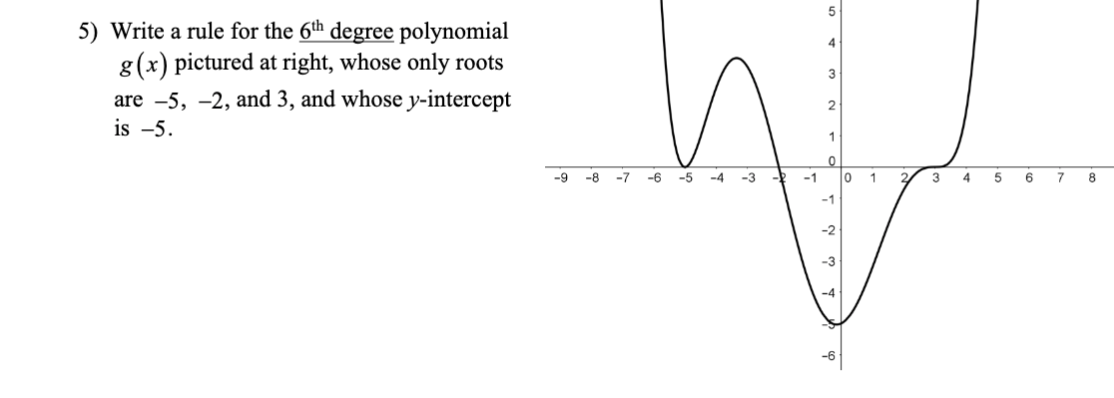 5
5) Write a rule for the 6th degree polynomial
g(x) pictured at right, whose only roots
4
3
are -5, -2, and 3, and whose y-intercept
is -5.
1
-9
-8
-7
-6 -5 -4 -3
-1
1
2/
3 4 5 6
7 8
-1
-2
