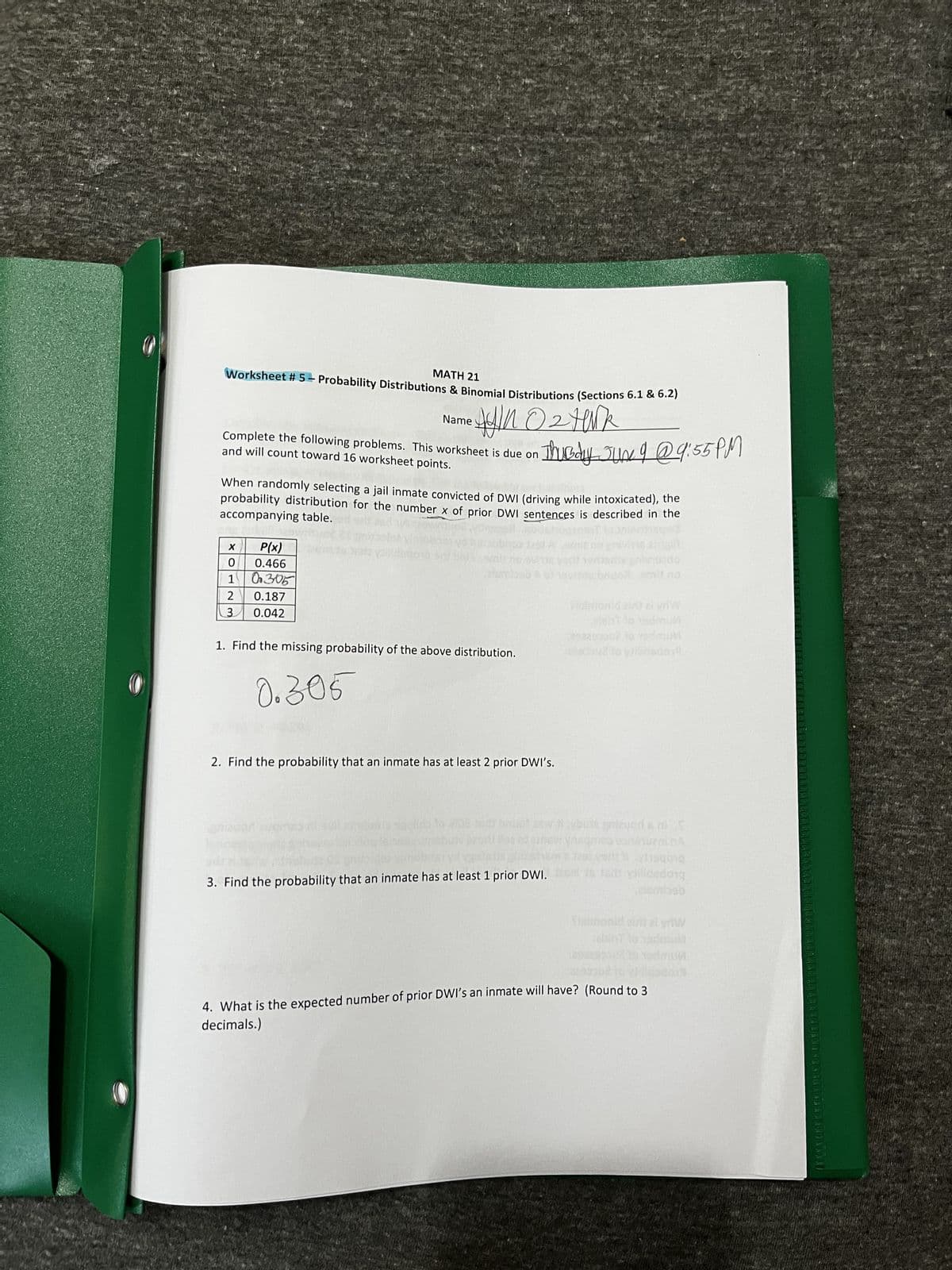 MATH 21
Worksheet # 5 - Probability Distributions & Binomial Distributions (Sections 6.1 & 6.2)
• O₂ tark
Name
Complete the following problems. This worksheet is due on
and will count toward 16 worksheet points.
When randomly selecting a jail inmate convicted of DWI (driving while intoxicated), the
probability distribution for the number x of prior DWI sentences is described in the
accompanying table.
X
P(x)
Pildsdong Sn bar
0
0.466
elemisso
1
0305
2
0.187
3:
Telmont en al vri
M
3
0.042
about the viesdor
1. Find the missing probability of the above distribution.
0.305
2. Find the probability that an inmate has at least 2 prior DWI's.
youda gnizvoda n
el you ysgong
3. Find the probability that an inmate has at least 1 prior DWI. 1200lto tad villidsdor
Sisitnopid in zi yri
4. What is the expected number of prior DWI's an inmate will have? (Round to 3
decimals.)
Thusdy Jun 9 @ 9:55 PM
TELEFELDE