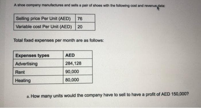 A shoe company manufactures and sells a pair of shoes with the following cost and revenue data:
Selling price Per Unit (AED)
76
Variable cost Per Unit (AED) 20
Total fixed expenses per month are as follows:
Expenses types
AED
Advertising
284,128
Rent
90,000
Heating
80,000
a. How many units would the company have to sell to have a profit of AED 150,000?
