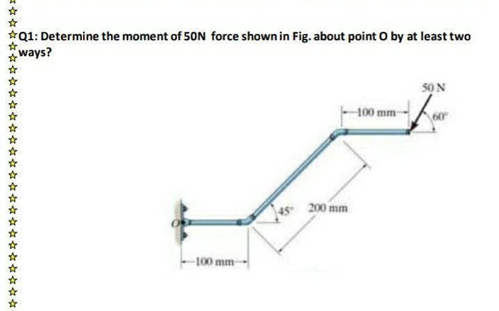 *Q1: Determine the moment of 50N force shown in Fig. about point O by at least two
ways?
50 N
100 mm
200 mm
-100 mm-
ゴ☆☆☆
****
