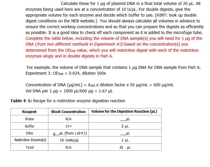 Calculate these for 1 ug of plasmid DNA in a final total volume of 20 ul. All
enzymes being used here are at a concentration of 10 U/µL. For double digests, give the
appropriate volume for each enzyme and decide which buffer to use. (HINT: look up double
digest conditions on the NEB website.) You should always calculate all volumes in advance to
ensure the correct working concentrations and so that you can prepare the digests as efficiently
as possible. It is a good idea to check off each component as it is added to the microfuge tube.
Complete the table below, including the volume of DNA sample(s) you will need for 1 pg of the
DNA (from two different methods in Experiment #3) based on the concentration(s) you
determined from the OD260 value, which you will restriction digest with each of the restriction
enzymes singly and in double digests in Part A.
For example, the volume of DNA sample that contains 1 µg DNA for DNA sample from Part A,
Experiment 3: OD260 = 0.024, dilution 500x
Concentration of DNA (ug/mL) = Az60 x dilution factor x 50 ug/mL = 600 µg/mL
Vol DNA per 1 pg = 1000 µL/600 µg = 1.67 µL
Table 4-1: Recipe for a restriction enzyme digestion reaction
Reagent
Stock Concentration Volume for the Digestion Reaction (uL)
Water
N/A
ul
Buffer
10x
2 µl
DNA
5_ul (from Lab# 3)
uL
Restriction Enzyme(s)
10 Units/ul
1 μL
Total
N/A
20 µl
