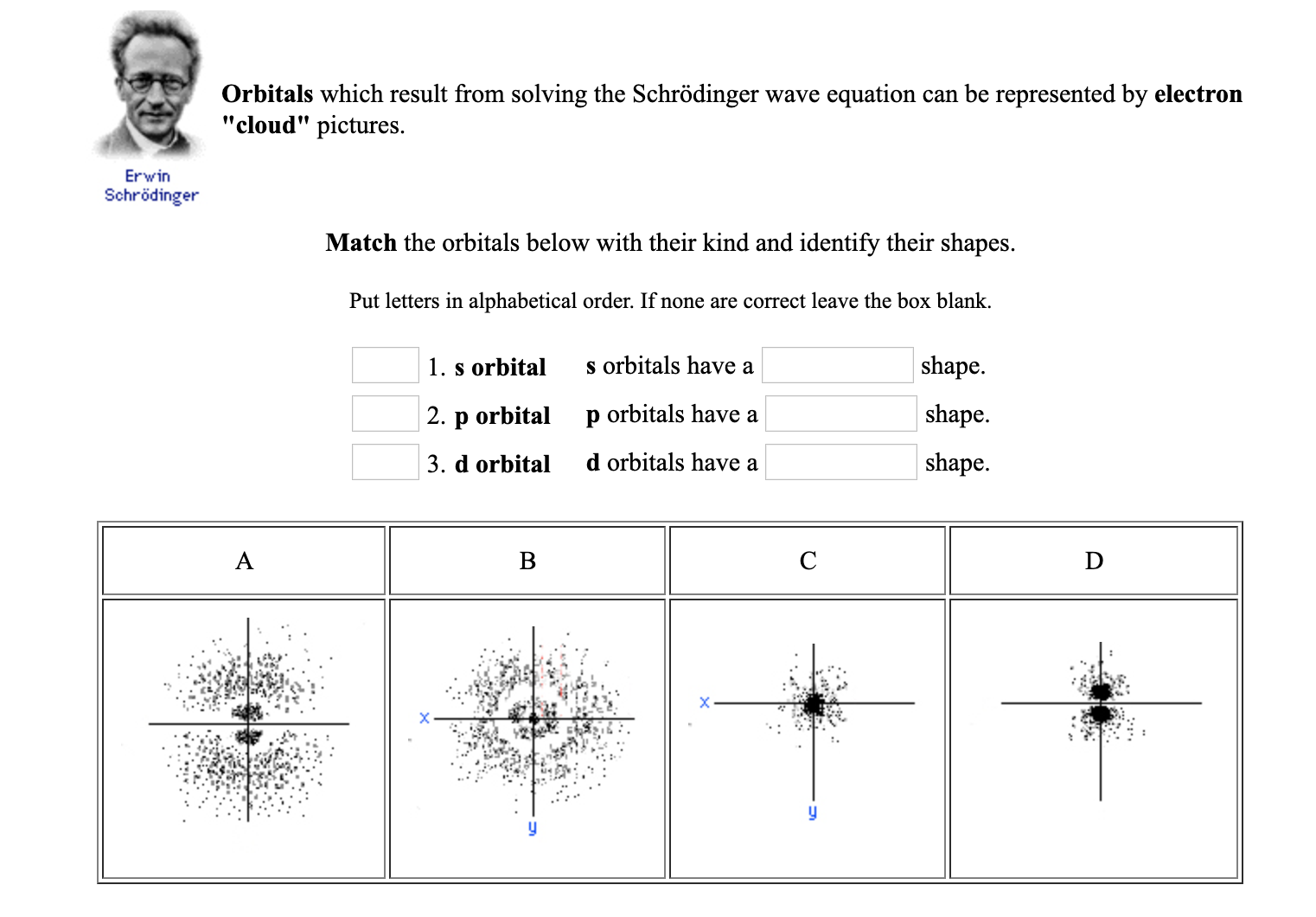 Orbitals which result from solving the Schrödinger wave equation can be represented by electron
"cloud" pictures.
Erwin
Schrödinger
Match the orbitals below with their kind and identify their shapes.
Put letters in alphabetical order. If none are correct leave the box blank.
1. s orbital
s orbitals have a
shape.
2. p orbital
p orbitals have a
shape.
3. d orbital
d orbitals have a
shape.
D
