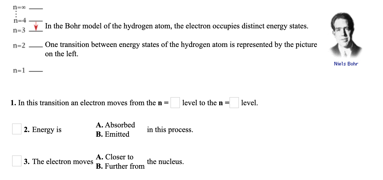 n=4
V In the Bohr model of the hydrogen atom, the electron occupies distinct energy states.
n=3
One transition between energy states of the hydrogen atom is represented by the picture
on the left.
n-2
Niels Bohr
n=1
1. In this transition an electron moves from the n =
level to the n =
level.
A. Absorbed
2. Energy is
in this process.
B. Emitted
A. Closer to
3. The electron moves
the nucleus.
B. Further from
