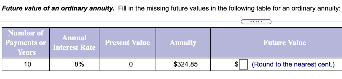 Future value of an ordinary annuity. Fill in the missing future values in the following table for an ordinary annuity:
Number of
Annual
Payments or
Present Value
Annuity
Future Value
Interest Rate
Years
10
8%
$324.85
$
(Round to the nearest cent.)
%24
