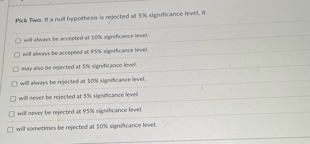 Pick Two: If a null hypothesis is rejected at 5% significance level, it
O will always be accepted at 10% significance level.
O will always be accepted at 95% significance level.
may also be rejected at 5% significance level.
O will always be rejected at 10% significance level.
O will never be rejected at 5% significance level.
O will never be rejected at 95% significance level.
O will sometimes be rejected at 10% significance level.
