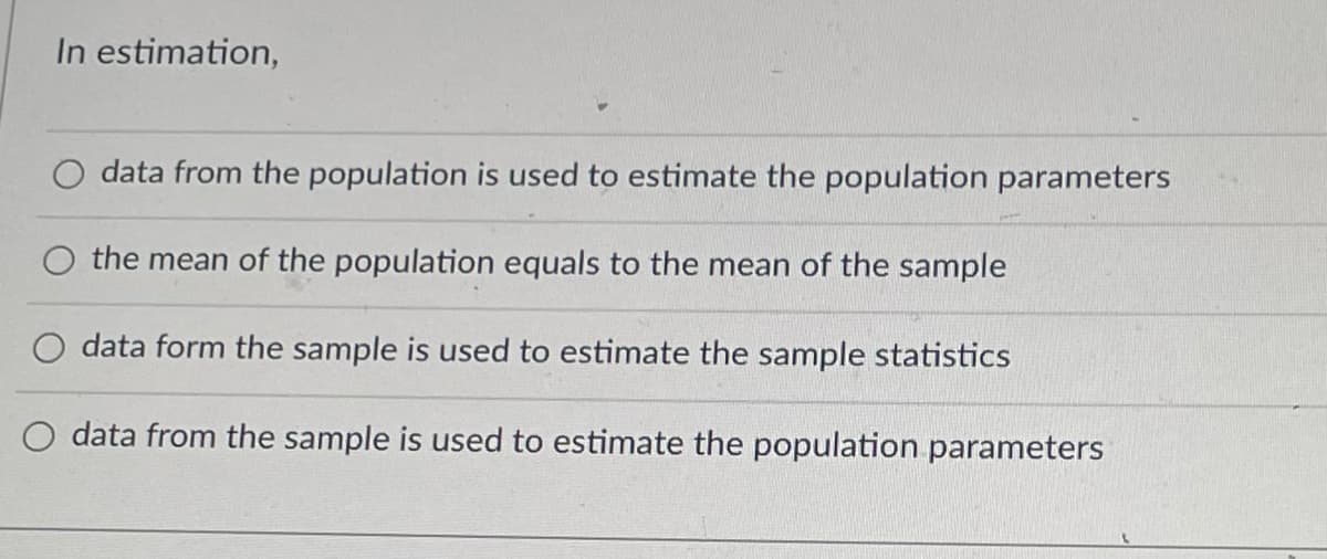 In estimation,
data from the population is used to estimate the population parameters
the mean of the population equals to the mean of the sample
data form the sample is used to estimate the sample statistics
O data from the sample is used to estimate the population parameters
