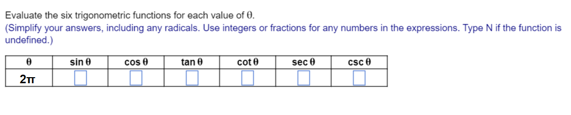 Evaluate the six trigonometric functions for each value of 0.
(Simplify your answers, including any radicals. Use integers or fractions for any numbers in the expressions. Type N if the function is
undefined.)
0
2TT
sin 0
cos 0
tan 0
cot 0
sec 0
csc 0