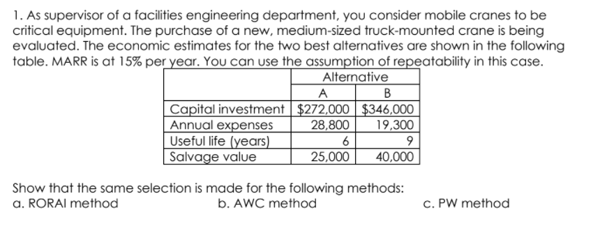 1. As supervisor of a facilities engineering department, you consider mobile cranes to be
critical equipment. The purchase of a new, medium-sized truck-mounted crane is being
evaluated. The economic estimates for the two best alternatives are shown in the following
table. MARR is at 15% per year. You can use the assumption of repeatability in this case.
Alternative
B
A
Capital investment $272,000 $346,000
Annual expenses
Useful life (years)
Salvage value
28,800
19,300
6
9
25,000
40,000
Show that the same selection is made for the following methods:
a. RORAI method
b. AWC method
c. PW method
