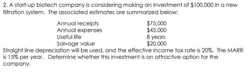 2. A start-up biotech company is considering making an investment of $100,000 in a new
filtration system. The associated estimates are summarized below:
Annual receipts
Annual expenses
Useful life
$75,000
$45,000
8 years
$20,000
Salvage value
Straight line depreciation will be used, and the effective income tax rate is 20%. The MARR
is 15% per year. Determine whether this investment is an attractive option for the
company.
