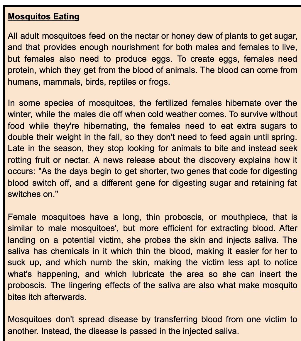 Mosquitos Eating
All adult mosquitoes feed on the nectar or honey dew of plants to get sugar,
and that provides enough nourishment for both males and females to live,
but females also need to produce eggs. To create eggs, females need
protein, which they get from the blood of animals. The blood can come from
humans, mammals, birds, reptiles or frogs.
In some species of mosquitoes, the fertilized females hibernate over the
winter, while the males die off when cold weather comes. To survive without
food while they're hibernating, the females need to eat extra sugars to
double their weight in the fall, so they don't need to feed again until spring.
Late in the season, they stop looking for animals to bite and instead seek
rotting fruit or nectar. A news release about the discovery explains how it
occurs: "As the days begin to get shorter, two genes that code for digesting
blood switch off, and a different gene for digesting sugar and retaining fat
switches on."
Female mosquitoes have a long, thin proboscis, or mouthpiece, that is
similar to male mosquitoes', but more efficient for extracting blood. After
landing on a potential victim, she probes the skin and injects saliva. The
saliva has chemicals in it which thin the blood, making it easier for her to
suck up, and which numb the skin, making the victim less apt to notice
what's happening, and which lubricate the area so she can insert the
proboscis. The lingering effects of the saliva are also what make mosquito
bites itch afterwards.
Mosquitoes don't spread disease by transferring blood from one victim to
another. Instead, the disease is passed in the injected saliva.
