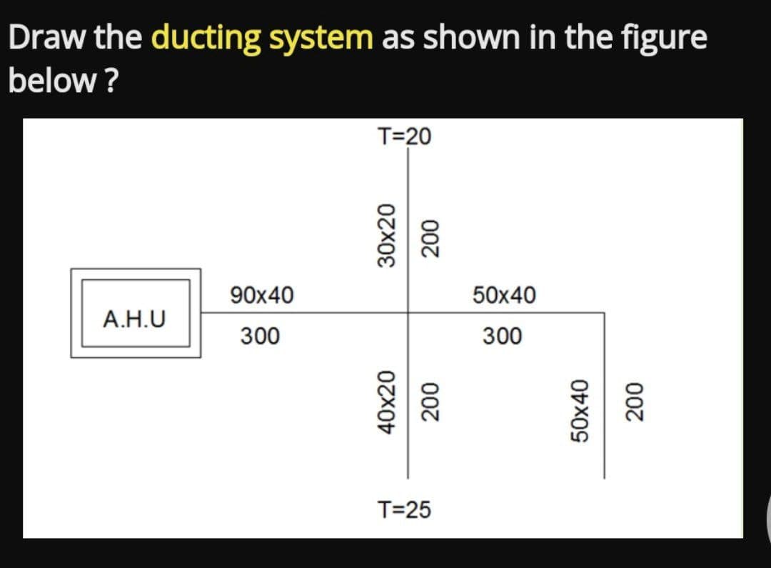Draw the ducting system as shown in the figure
below ?
T=20
90x40
50x40
A.H.U
300
300
T=25
40x20
30x20
200
007
50x40
007
