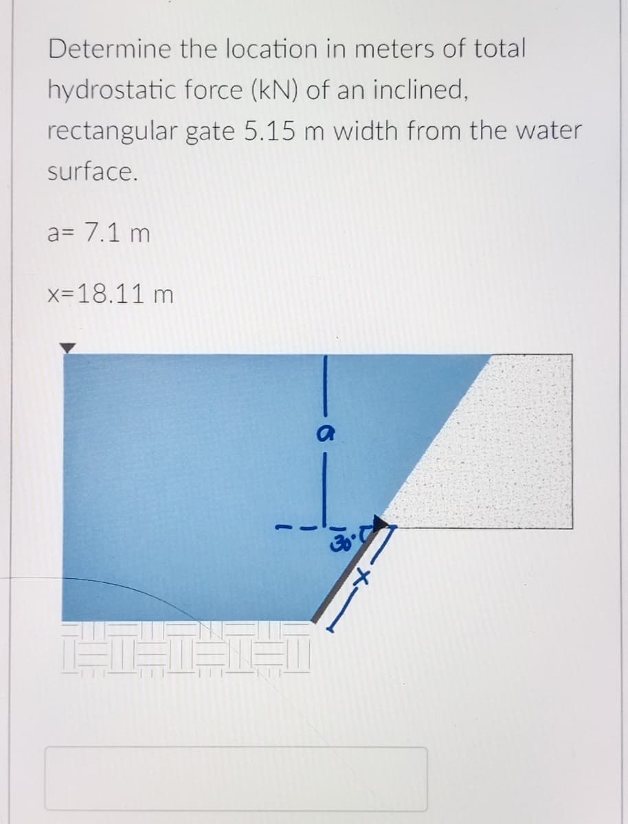Determine the location in meters of total
hydrostatic force (kN) of an inclined,
rectangular gate 5.15 m width from the water
surface.
a= 7.1 m
x=18.11 m
