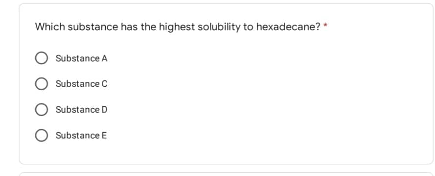 Which substance has the highest solubility to hexadecane? *
Substance A
Substance C
Substance D
O Substance E