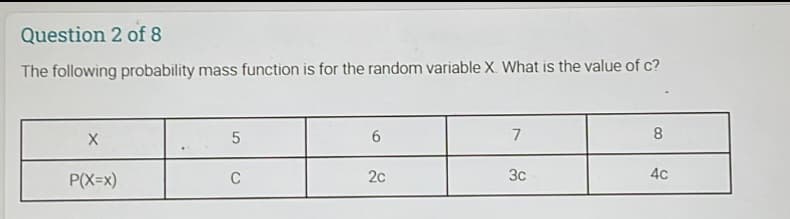 Question 2 of 8
The following probability mass function is for the random variable X. What is the value of c?
6.
7
8
P(X=x)
C
2c
3c
