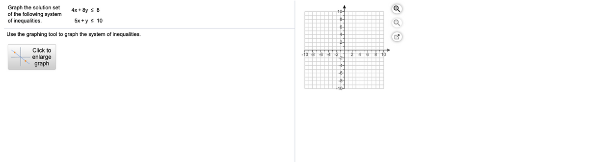 Graph the solution set
of the following system
of inequalities.
4x + 8y s 8
10-
5x + y s 10
8-
6-
Use the graphing tool to graph the system of inequalities.
2-
Click to
10-8
-6-4
:2
10
enlarge
graph
-6-
10
