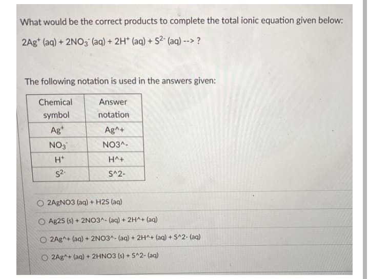 What would be the correct products to complete the total ionic equation given below:
2Ag* (aq) + 2NO3 (aq) + 2H* (aq) + S2- (aq) --> ?
The following notation is used in the answers given:
Chemical
Answer
symbol
notation
Ag*
Ag^+
NO3
NO3^-
H*
H^+
S2-
S^2-
O 2AGNO3 (aq) + H2S (aq)
O Ag25 (s) + 2NO3^- (aq) + 2H^+ (aq)
2Ag^+ (aq) + 2NO3^- (aq) + 2H^+ (aq) + S^2- (aq)
O 2Ag^+ (aq) + 2HNO3 (s) + S^2- (aq)

