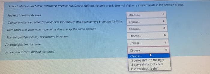 In each of the cases below, determine whether the IS curve shifts to the right or left, does not shift, or is indeterminate in the direction of shift.
The real interest rate rises
Choose.
Choose.
The government provides tax incentives for research and development programs for firms
Both taxes and government spending decrease by the same amount.
Choose.
Choose.
The marginal propensity to consume increases
Choose.
Financial frictions increase.
Choose.
Autonomous consumption increases
Choose
IS curve shifts to the right
IS curve shifts to the left
IS curve doesn't shift
