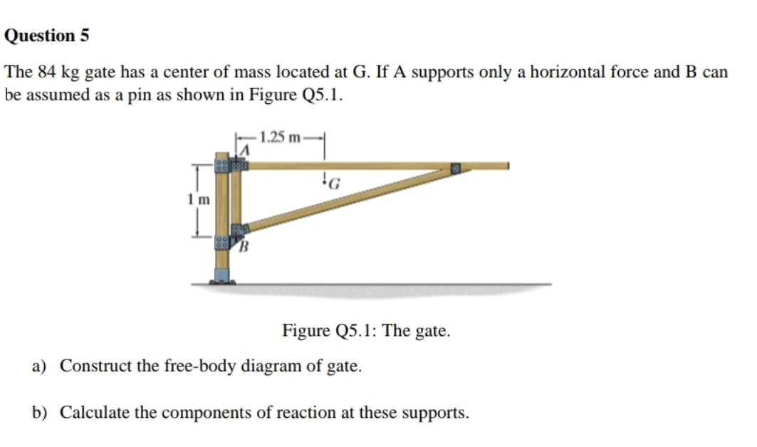 Question 5
The 84 kg gate has a center of mass located at G. If A supports only a horizontal force and B can
be assumed as a pin as shown in Figure Q5.1.
1.25 m
1 m
Figure Q5.1: The gate.
a) Construct the free-body diagram of gate.
b) Calculate the components of reaction at these
supports.
