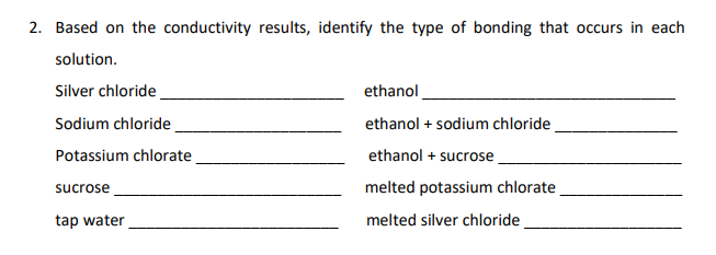 2. Based on the conductivity results, identify the type of bonding that occurs in each
solution.
Silver chloride
Sodium chloride
Potassium chlorate
sucrose
tap water
ethanol
ethanol + sodium chloride
ethanol + sucrose
melted potassium chlorate
melted silver chloride