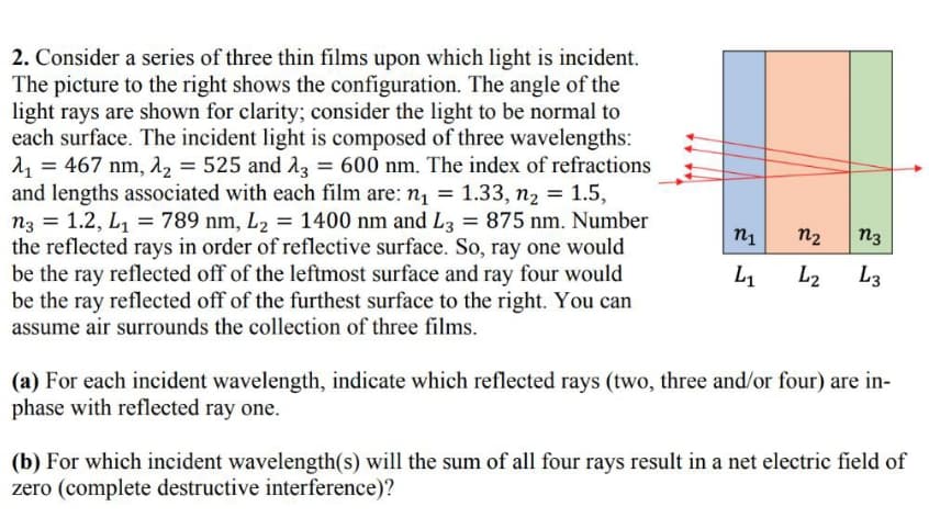 2. Consider a series of three thin films upon which light is incident.
The picture to the right shows the configuration. The angle of the
light rays are shown for clarity; consider the light to be normal to
each surface. The incident light is composed of three wavelengths:
4 = 467 nm, 12 = 525 and 13 = 600 nm. The index of refractions
and lengths associated with each film are: n1 = 1.33, n2 = 1.5,
n3 = 1.2, L1 = 789 nm, L2 = 1400 nm and L3 = 875 nm. Number
the reflected rays in order of reflective surface. So, ray one would
be the ray reflected off of the leftmost surface and ray four would
be the ray reflected off of the furthest surface to the right. You can
assume air surrounds the collection of three films.
n2
n3
L1
L2
L3
(a) For each incident wavelength, indicate which reflected rays (two, three and/or four) are in-
phase with reflected ray one.
(b) For which incident wavelength(s) will the sum of all four rays result in a net electric field of
zero (complete destructive interference)?
