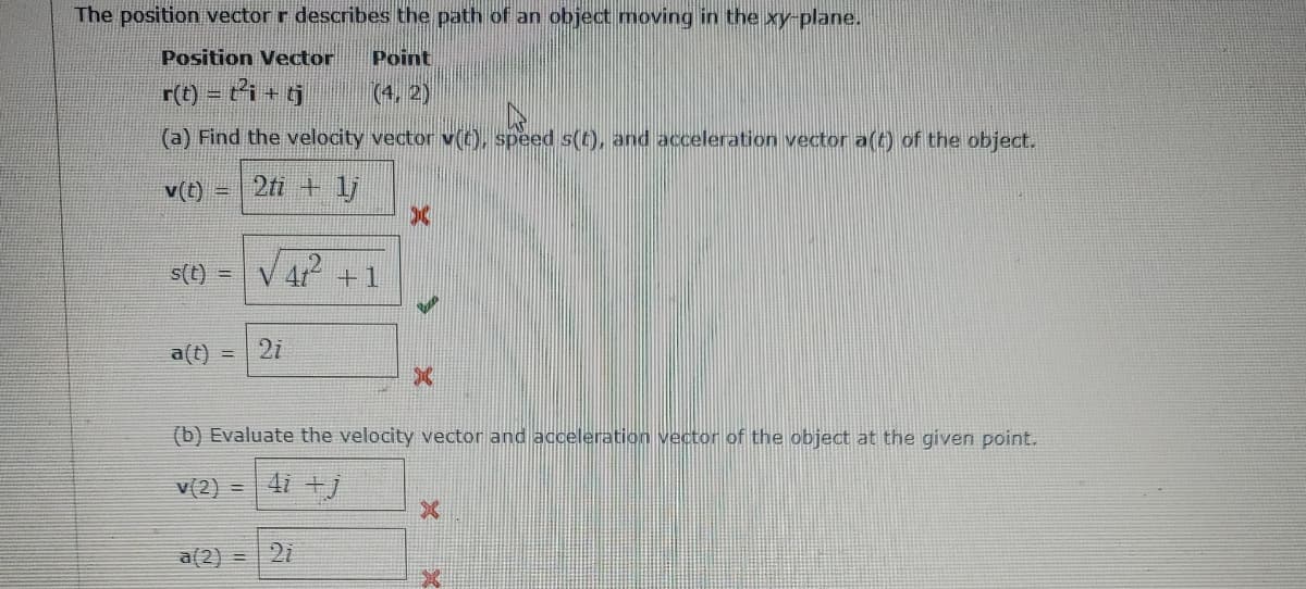 The position vector r describes the path of an object moving in the xy-plane.
Position Vector
Point
r(t) = ti+ tj
(4, 2)
(a) Find the velocity vector v(t), speed s(t), and acceleration vector a(t) of the object.
v(t)
2ti + 1j
s(t) =
VAP +1
a(t) =
2i
(b) Evaluate the velocity vector and acceleration vector of the object at the given point.
v(2) = 4i +j
a(2)
2i
%3D
