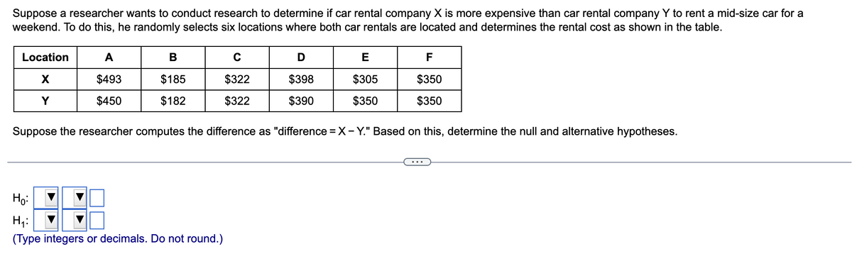 Suppose a researcher wants to conduct research to determine if car rental company X is more expensive than car rental company Y to rent a mid-size car for a
weekend. To do this, he randomly selects six locations where both car rentals are located and determines the rental cost as shown in the table.
Location
A
В
E
F
$493
$185
$322
$398
$305
$350
Y
$450
$182
$322
$390
$350
$350
Suppose the researcher computes the difference as "difference = X- Y." Based on this, determine the null and alternative hypotheses.
Họ:
H,:
(Type integers or decimals. Do not round.)
