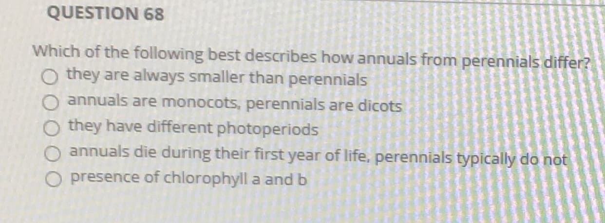 Which of the following best describes how annuals from perennials differ?
O they are always smaller than perennials
O annuals are monocots, perennials are dicots
O they have different photoperiods
annuals die during their first year of life, perennials typically do not
O presence of chlorophyll a and b
