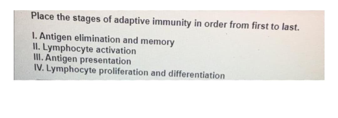Place the stages of adaptive immunity in order from first to last.
I. Antigen elimination and memory
II. Lymphocyte activation
III. Antigen presentation
IV. Lymphocyte proliferation and differentiation
