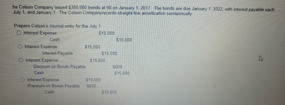 he Colson Company issued $300.000 bonds at 98 on January 1. 2017 The bonds are due January 1, 2022, with interest payable each
July 1, and January 1. The Colson Companyrecords straight-line amortization semiannually
Prepare Colson's Journal entry for the July 1.
O Interest Expense
$15 000
Cash
$15 000
Interest Expense
$15 000
Interest Payable
S15 000
O Interest Expense
Discount on Bonds Payable
Cash
$15.600
$600
$15 000
interest Expense
Premium on Bonds Payable
$15.000
$600
Cash
$15 600
