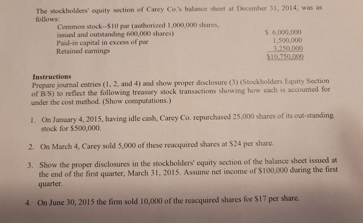 The stockholders' equity section of Carey Co.'s balance sheet at December 31, 2014, was as
follows:
Common stock--$10 par (authorized 1,000,000 shares,
issued and outstanding 600,000 shares)
Paid-in capital in excess of par
Retained earnings
$ 6,000,000
1,500,000
3,250,000
$10,750,000
Instructions
Prepare journal entries (1, 2, and 4) and show proper disclosure (3) (Stockholders Equity Section
of B/S) to reflect the following treasury stock transactions showing how each is accounted for
under the cost method. (Show computations.)
1. On January 4, 2015, having idle cash, Carey Co. repurchased 25,000 shares of its out-standing
stock for $500,000.
2. On March 4, Carey sold 5,000 of these reacquired shares at $24
per
share.
3. Show the proper disclosures in the stockholders' equity section of the balance sheet issued at
the end of the first quarter, March 31, 2015. Assume net income of $100,000 during the first
quarter.
4. On June 30, 2015 the firm sold 10,000 of the reacquired shares for $17 per share.
