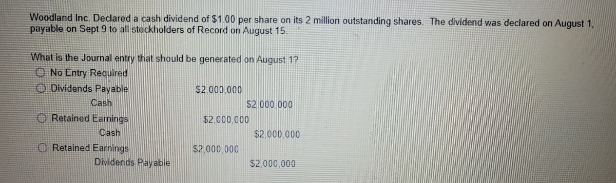 Woodland Inc.. Declared a cash dividend of $1.00 per share on its 2 million outstanding shares. The dividend was declared on August 1,
payable on Sept 9 to all stockholders of Record on August 15.
What is the Journal entry that should be generated on August 12
O No Entry Required
O Dividends Payable
S2.000.000
Cash
$2 000 000
O Retained Earnings
$2,000,000
Cash
$2,000 000
O Retained Earnings
$2.000.000
Dividends Payable
S2 000,000
