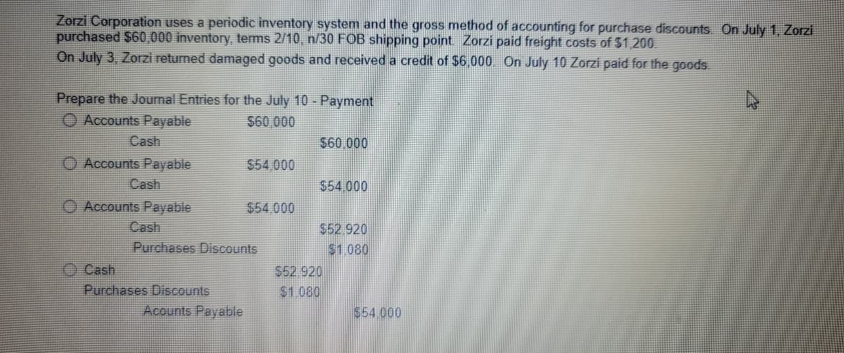 Zorzi Corporation uses a periodic inventory system and the gross method of accounting for purchase discounts On July 1, Zorzi
purchased $60,000 inventory, terms 2/10, n/30 FOB shipping point Zorzi paid freight costs of $1,200
On July 3, Zorzi returned damaged goods and received a credit of $6,000 On July 10 Zorzi paid for the goods.
Prepare the Journal Entries for the July 10 - Payment
O Accounts Payable
S60 000
Cash
$60 000
O Accounts Payable
$54,000
Cash
$54 000
O Accounts Payable
$54.000
Cash
$52 920
$1 080
Purchases Discounts
eCash
Purchases Discounts
$52 920
$1.080
Acounts Payable
$54 000
