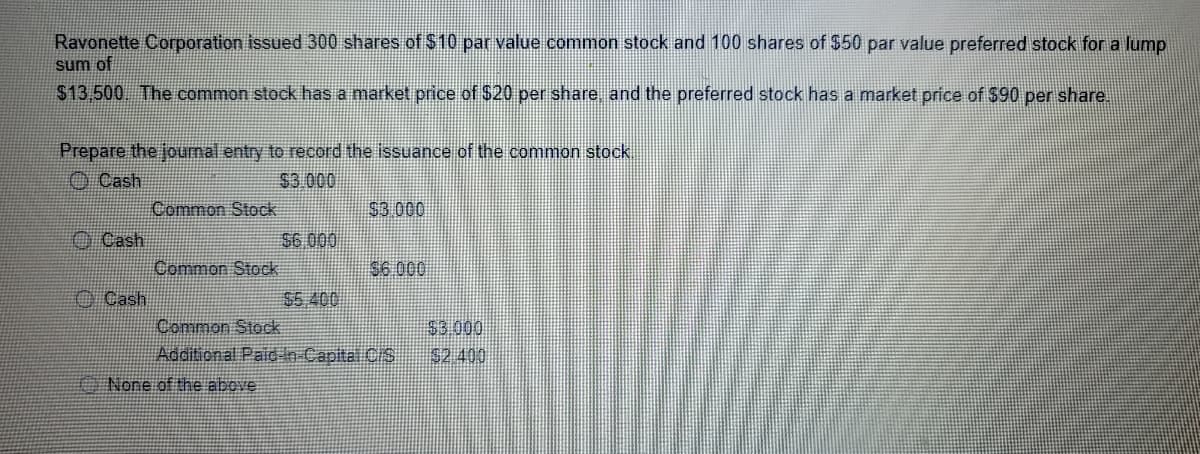 Ravonette Corporation issued 300 shares of $10 par value common stock and 100 shares of $50 par value preferred stock for a lump
sum of
$13,500 The common stock has a market price of $20 per share, and the preferred stock has a market price of S90 per share.
Prepare the jourmal entry to record the issuance of the common stock
S3 000
O Cash
Common Stock
$3.000
O Cash
Common Stock
O Cash
Common Stock
Additional Paid-n Capital C/S
None of the above
S6 000
$6 000
$5 400
$3.000
$2 400
