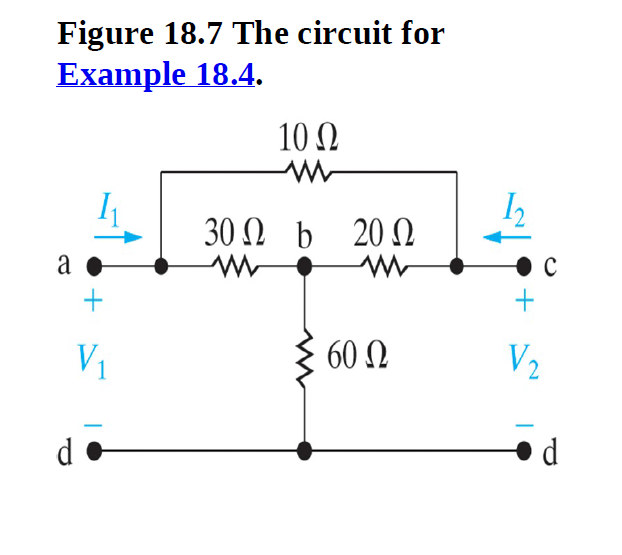 Figure 18.7 The circuit for
Example 18.4.
10 Ω
30 N b 20 N
V1
60 0
V2
d
