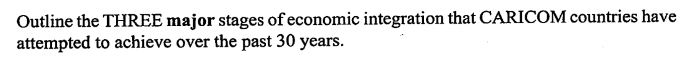 Outline the THREE major stages of economic integration that CARICOM countries have
attempted to achieve over the past 30 years.