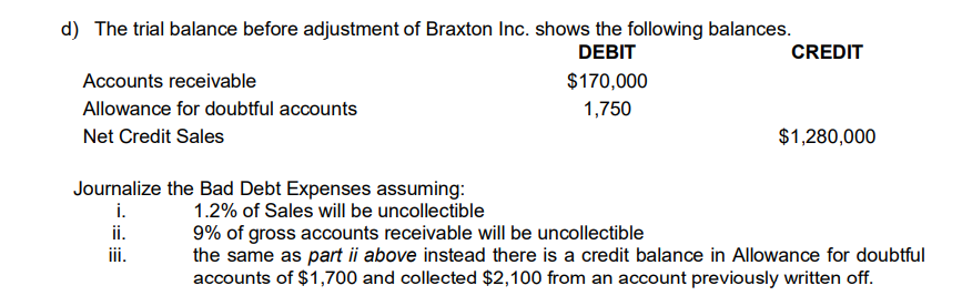 d) The trial balance before adjustment of Braxton Inc. shows the following balances.
DEBIT
CREDIT
Accounts receivable
$170,000
Allowance for doubtful accounts
1,750
Net Credit Sales
$1,280,000
Journalize the Bad Debt Expenses assuming:
i.
1.2% of Sales will be uncollectible
ii.
iii.
9% of gross accounts receivable will be uncollectible
the same as part ii above instead there is a credit balance in Allowance for doubtful
accounts of $1,700 and collected $2,100 from an account previously written off.
